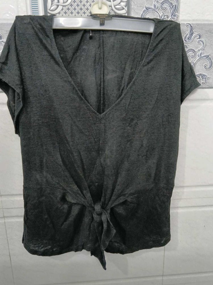 Black V-Neck Tie-Front Top