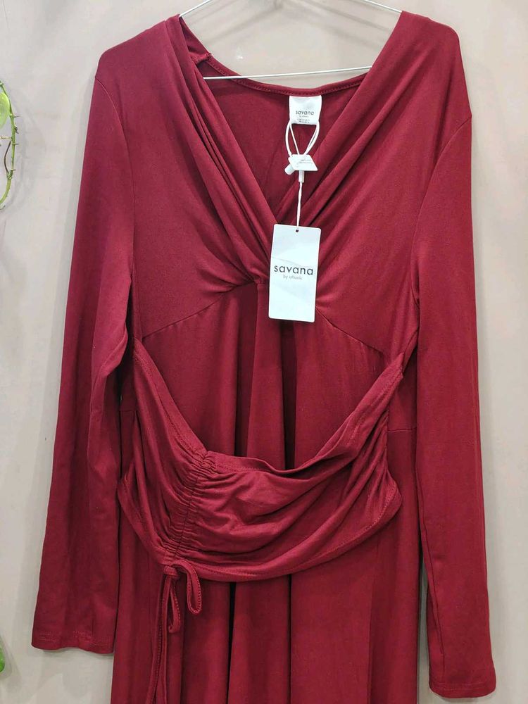 Elegant Red Long Sleeve Ruched Dress