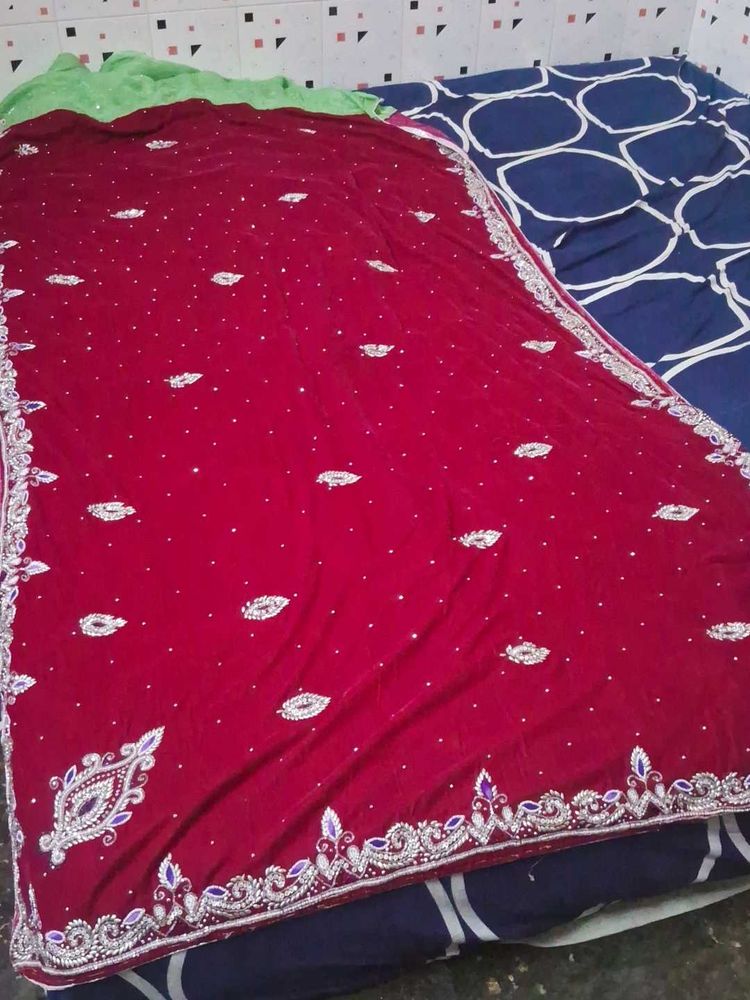 It Is Gorgeous Magenta Velvet Work Saree
