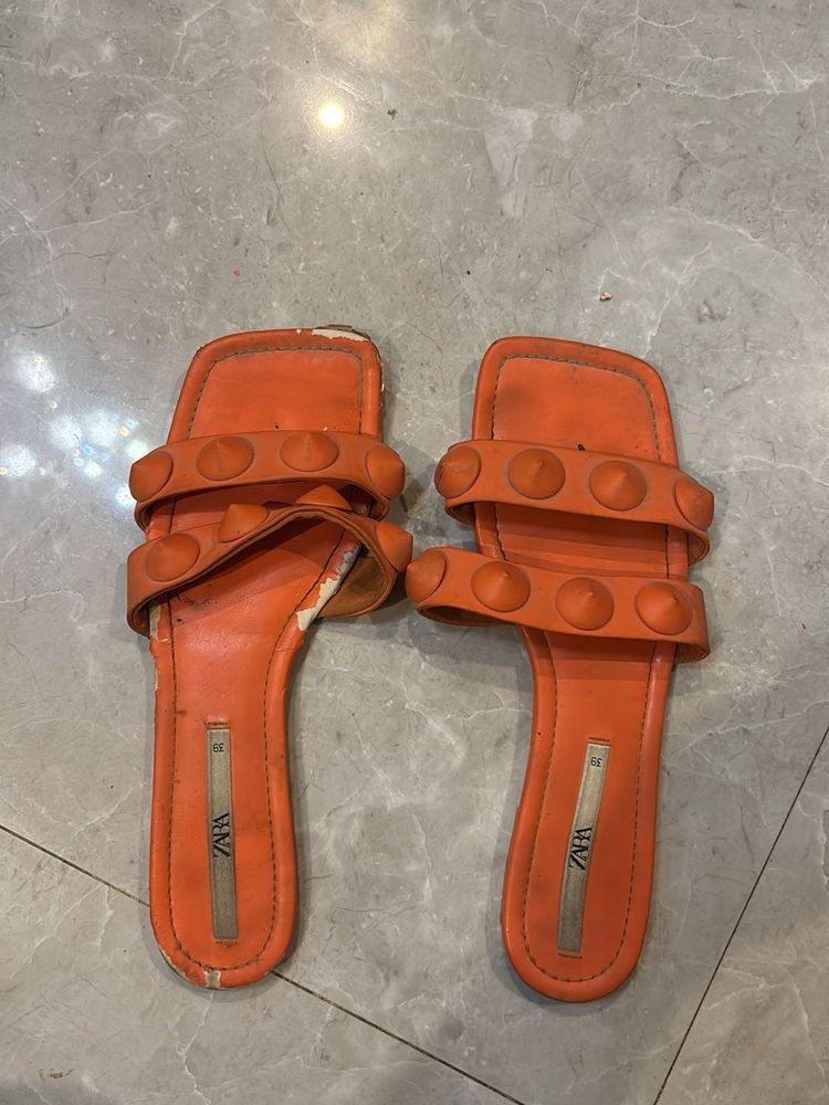 Orange Studded Flat Sandals