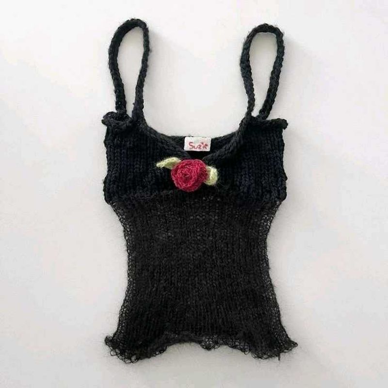 Black Knit Rose Detail Tank Top