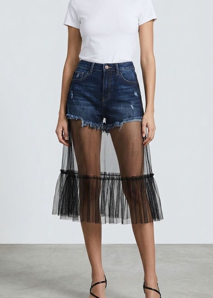 Trendy Stretch Denim Shorts with Black Sheer Tulle