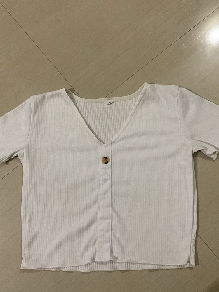 White Ribbed Button-Up Crop Top