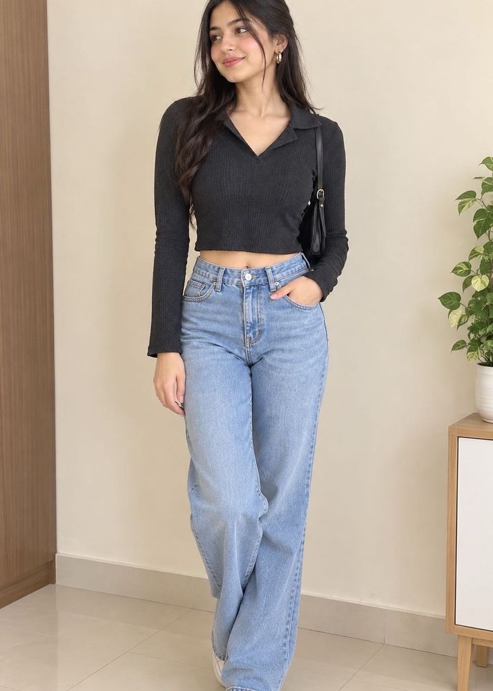Ribbed Polo Neck Crop Top
