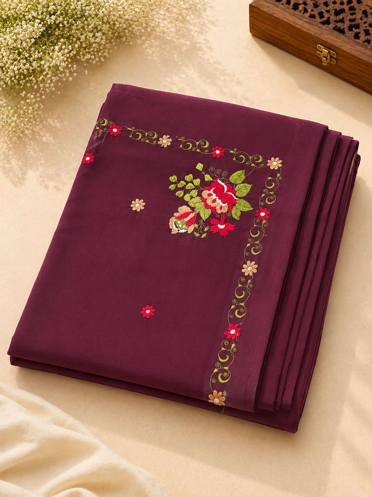 🌸 Elegant Maroon Floral Embroidery Saree – Beauti