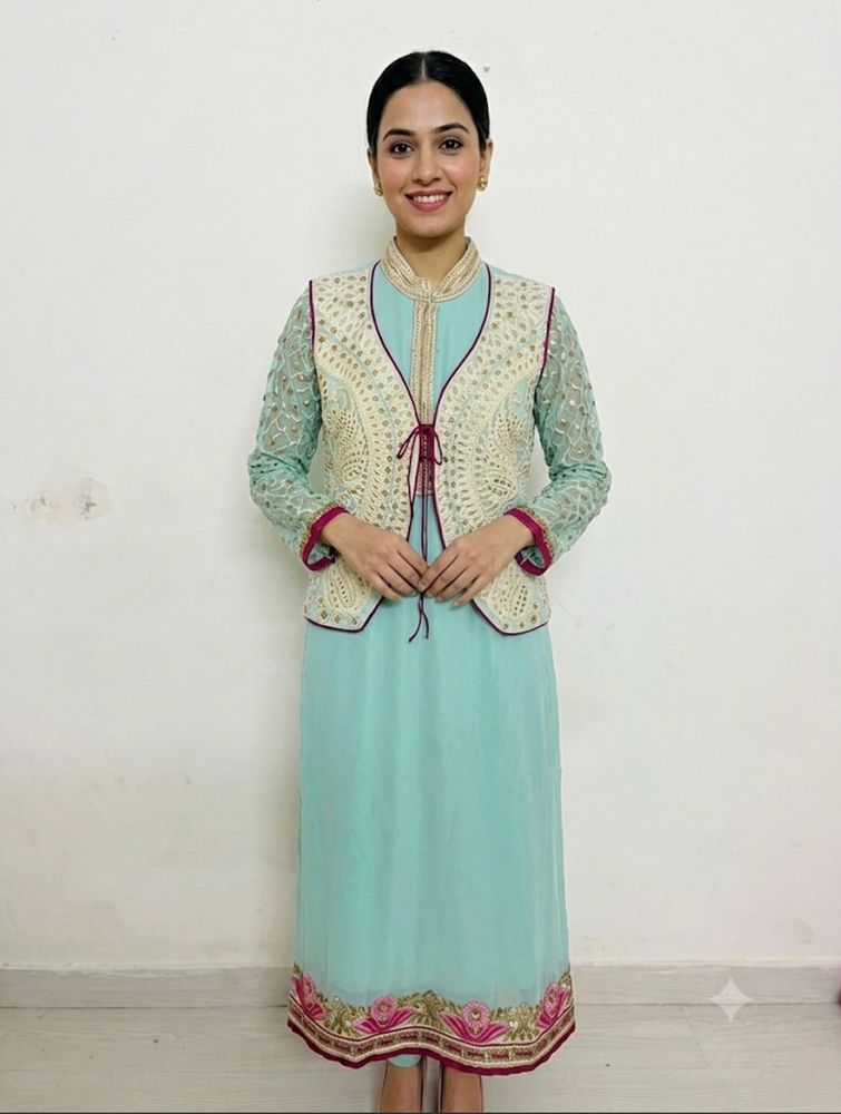 Beautiful Teal Kurta Set with Embellished Jacket