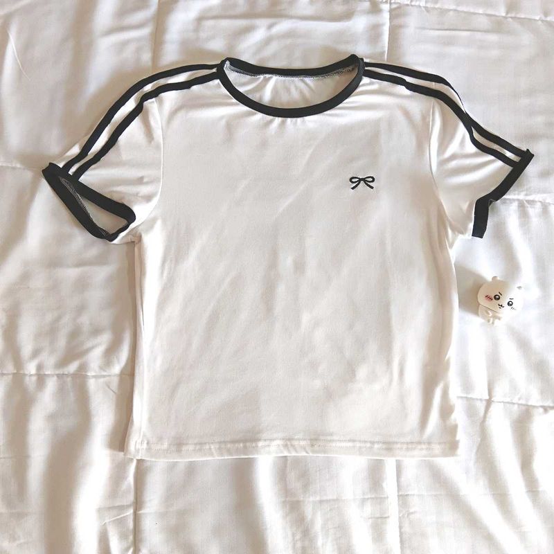 White bow crop top with Black Stripes