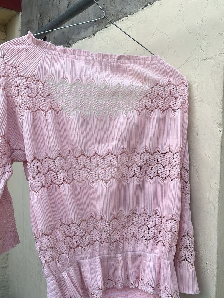 Pink Pleated Lace Top