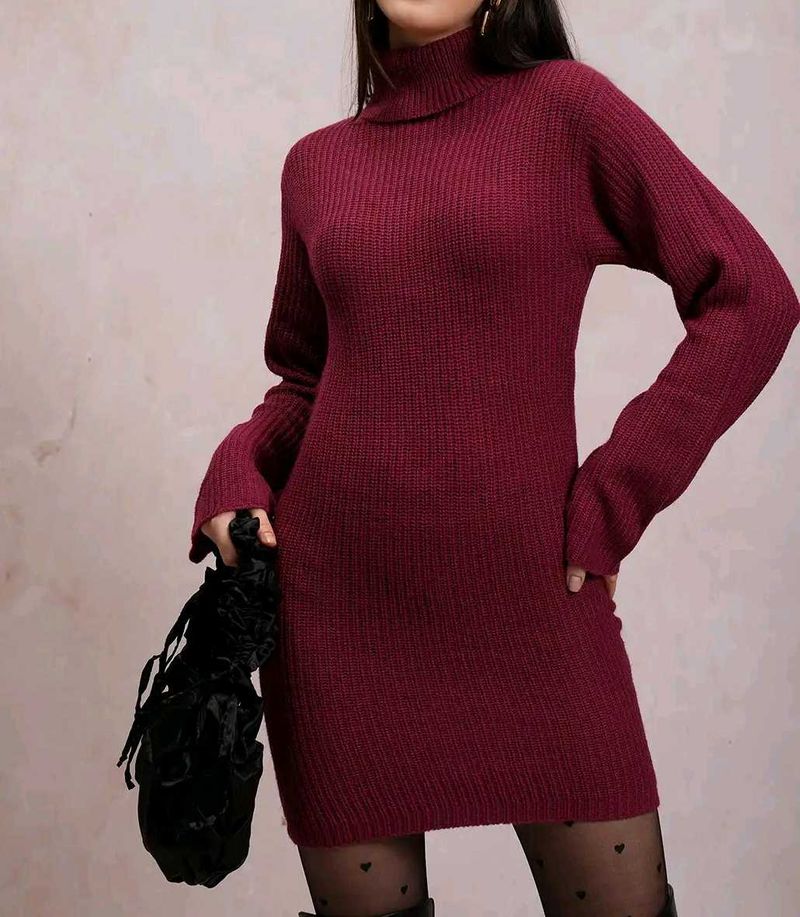 Burgundy Turtleneck Knit Dress