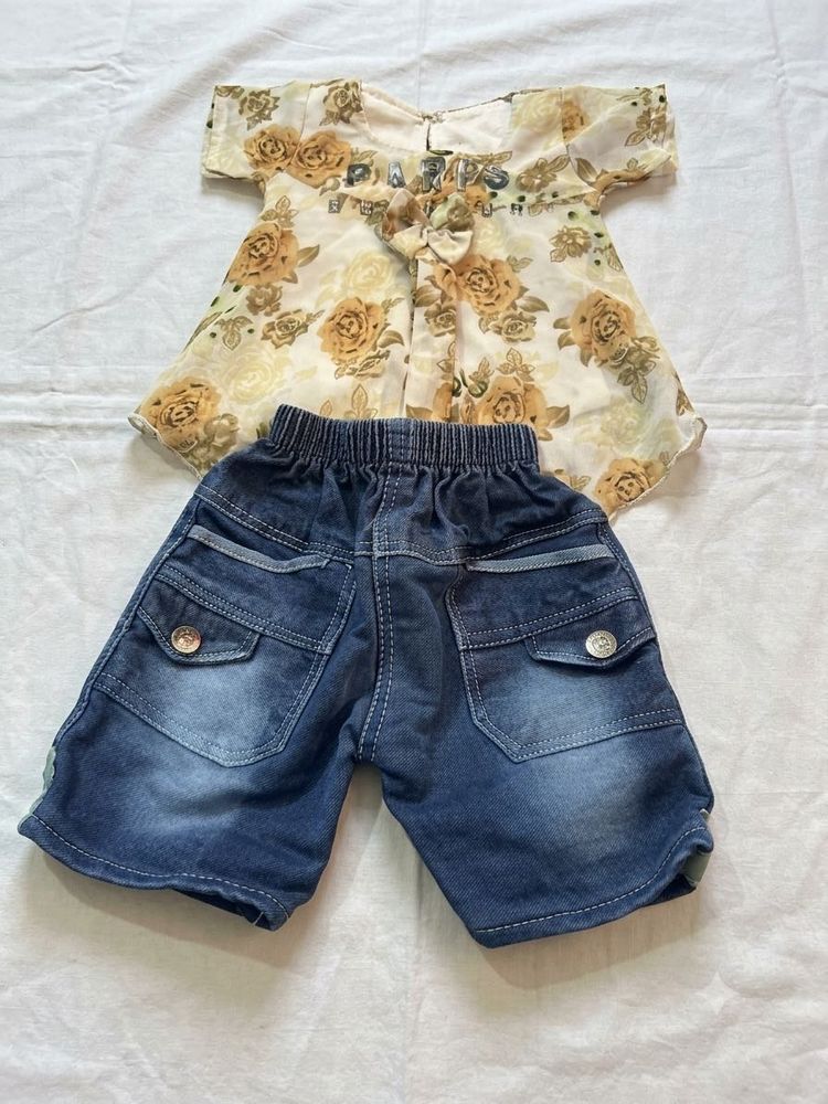 Cute Floral Top &amp; Denim Shorts Set