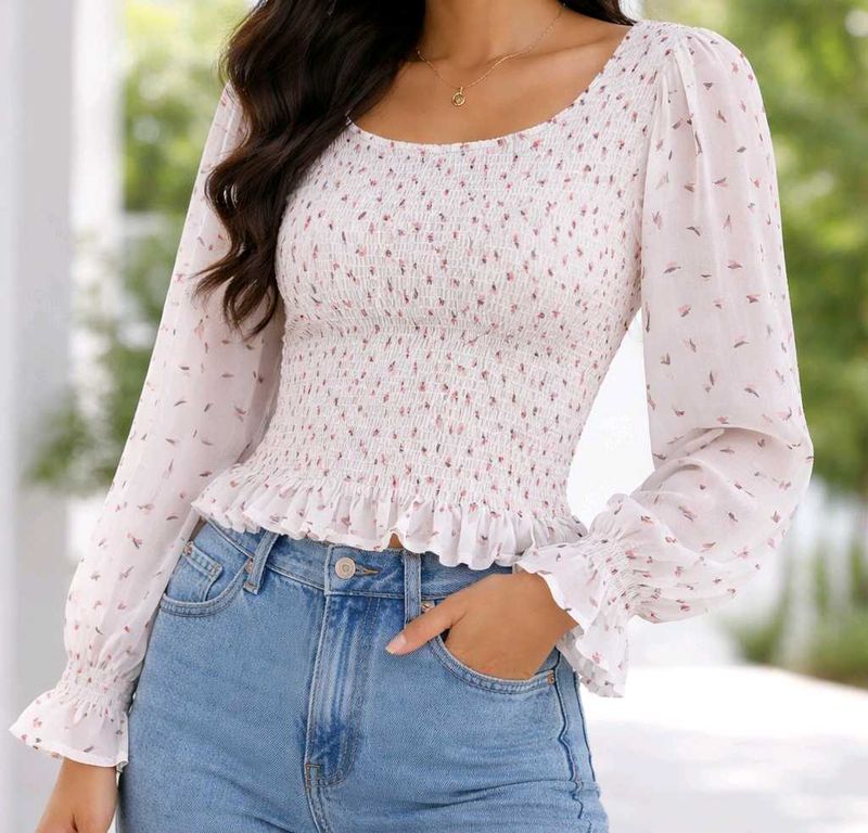 Chic Smocked Floral Print Top
