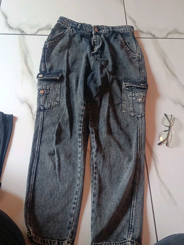 Women’s Trendy Washed Grey Denim Cargo Jeans | Rel
