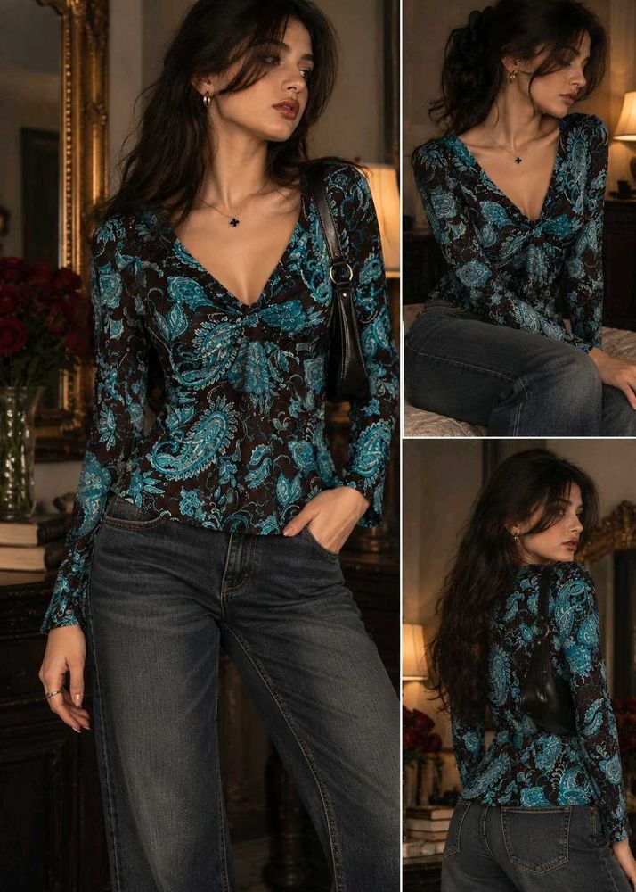 121810. Boho Paisley Print V-Neck Top