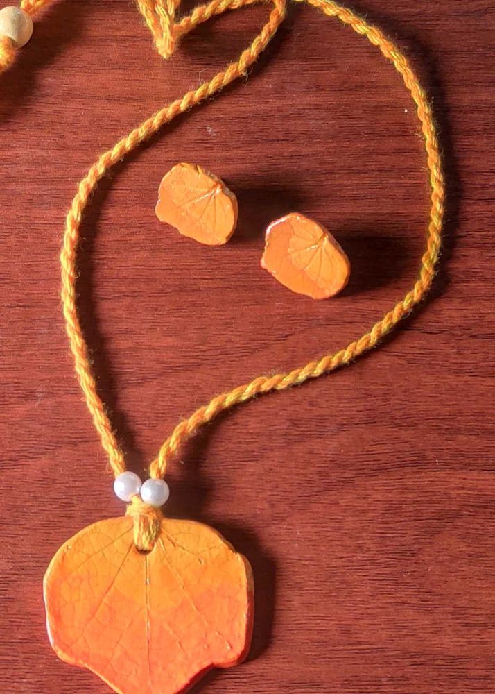 Handmade Orange Leaf Necklace &amp; Earrings Set