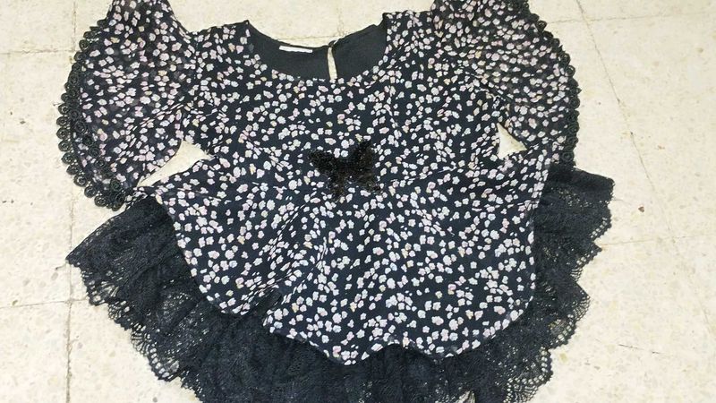 Black Floral Gown with Lace Trim