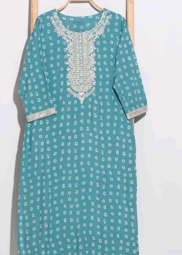 Teal Printed Kurti with Embroidery