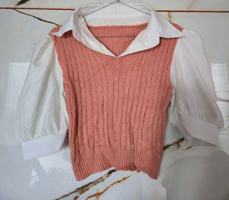 Chic Pink Knit Sweater Vest with White Shirt