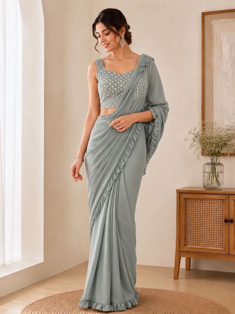 Elegant Grey Ruffled Saree with Embellished Blouse