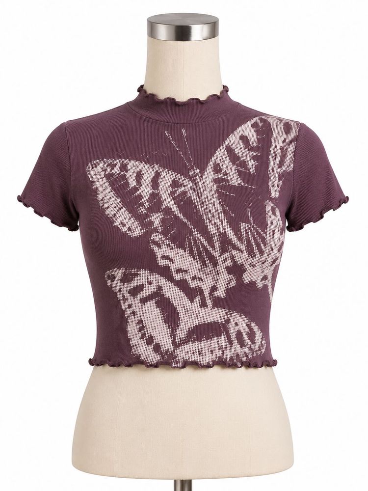 Butterfly Print Lettuce Hem Crop Top