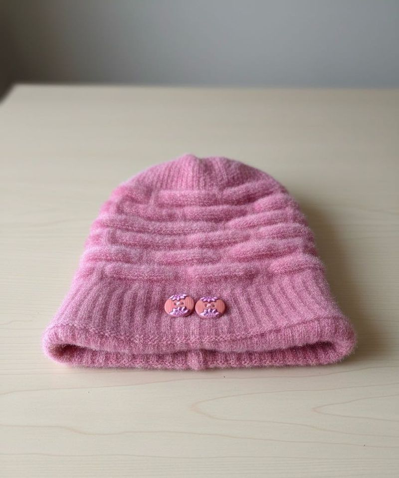 Cute Pink Knit Beanie Hat with Buttons