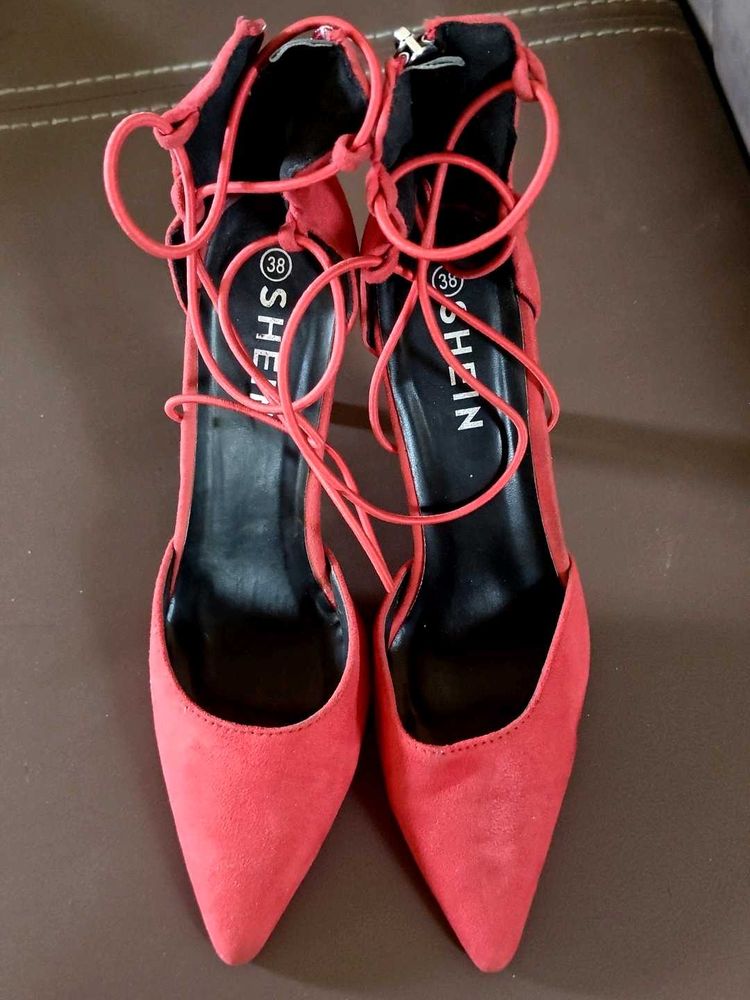 Coral Lace-Up Stiletto Heels