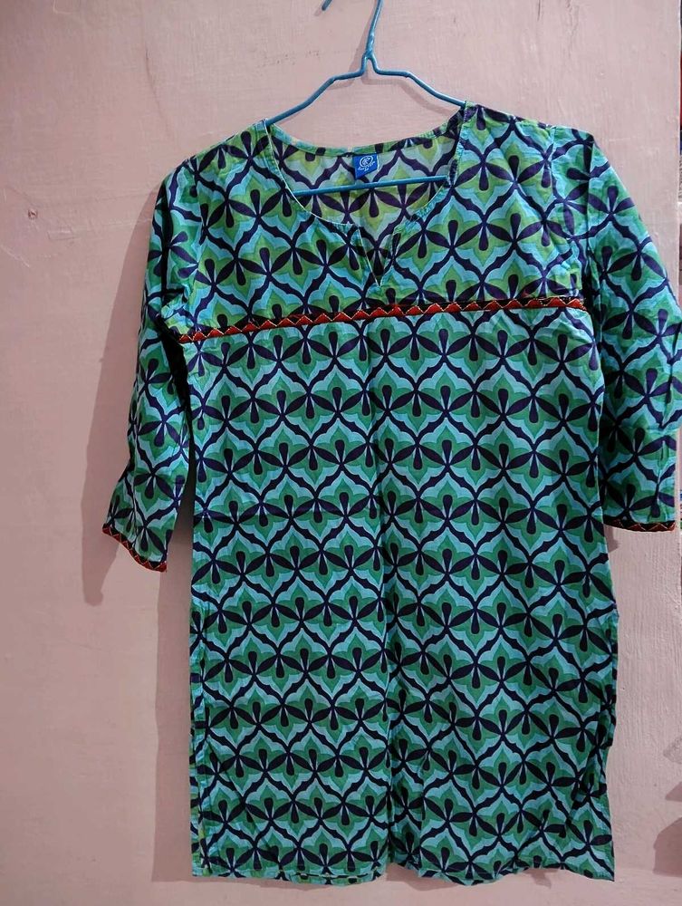 Green &amp; Blue Geometric Print Kurta