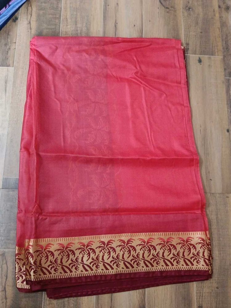 Elegant Red Saree Silk with Palm Border