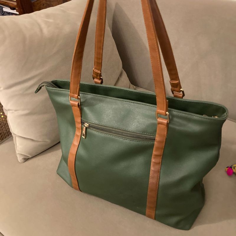 Stylish Green Tote Bag with Tan Accents