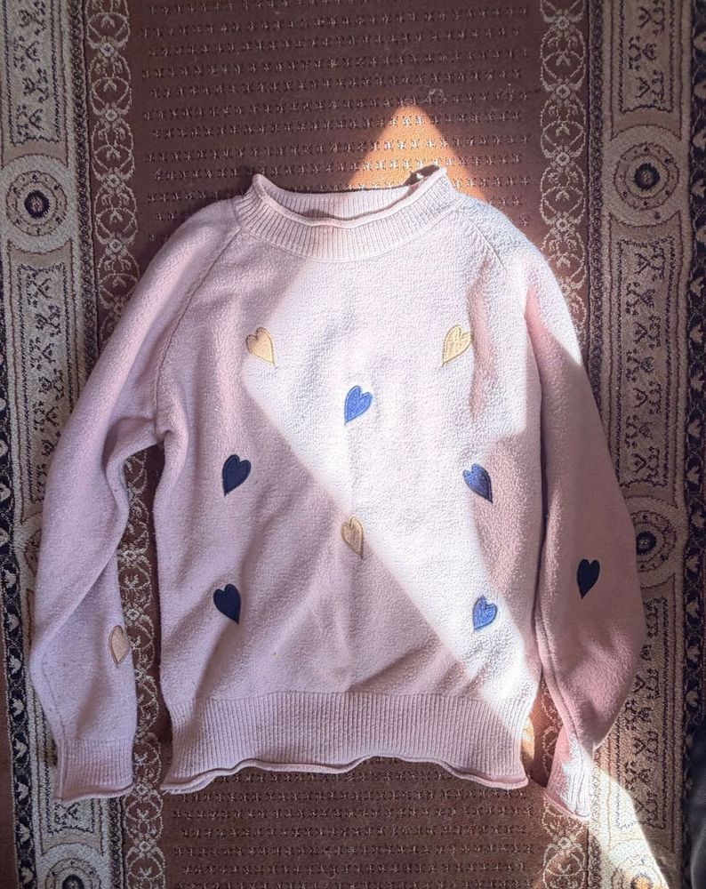 Pink Heart Print Knit Sweater