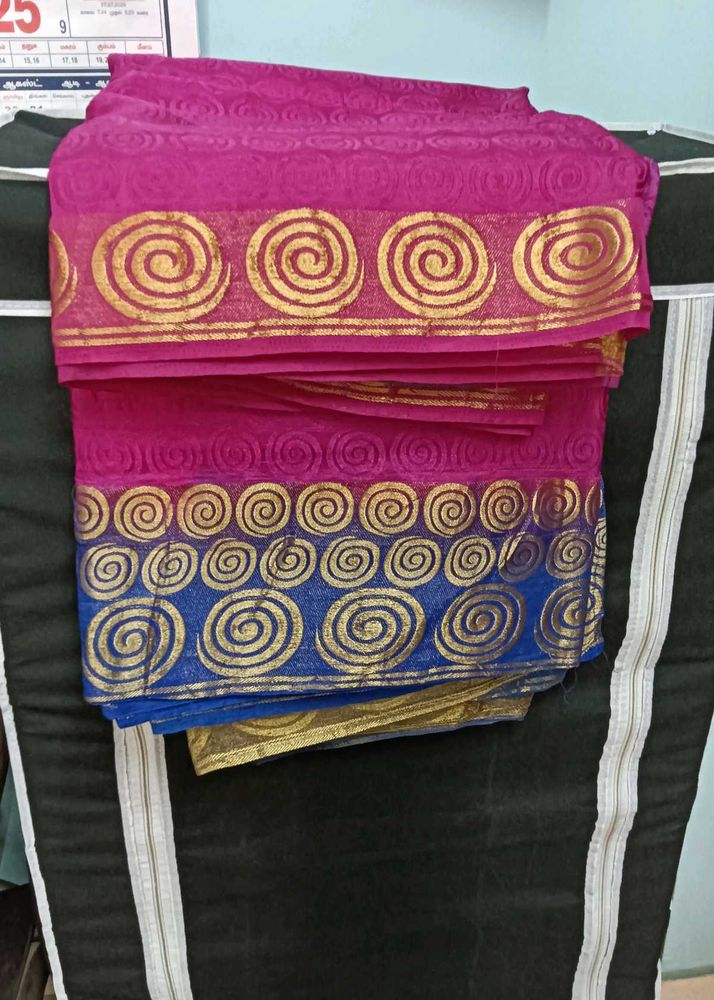 Vibrant Pink &amp; Blue Saree with Gold Print