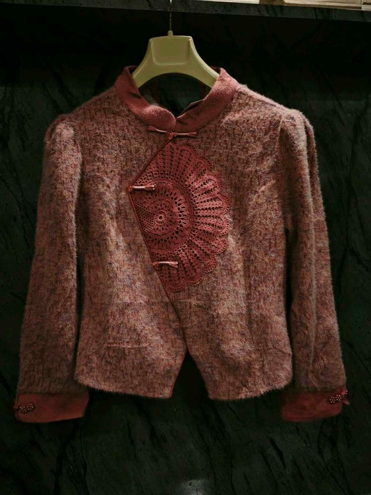 Embroidered Pink Textured Jacket