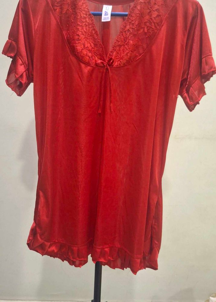 Red Satin Nightie with Lace Trim