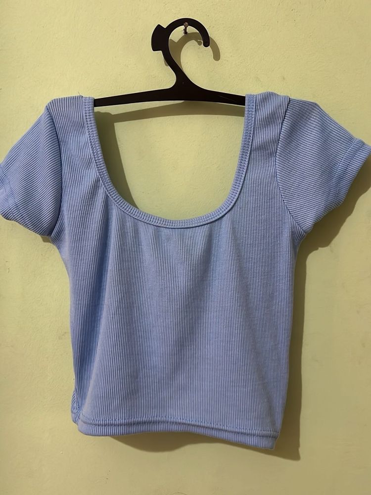 Blue Ribbed Scoop Neck Crop Top