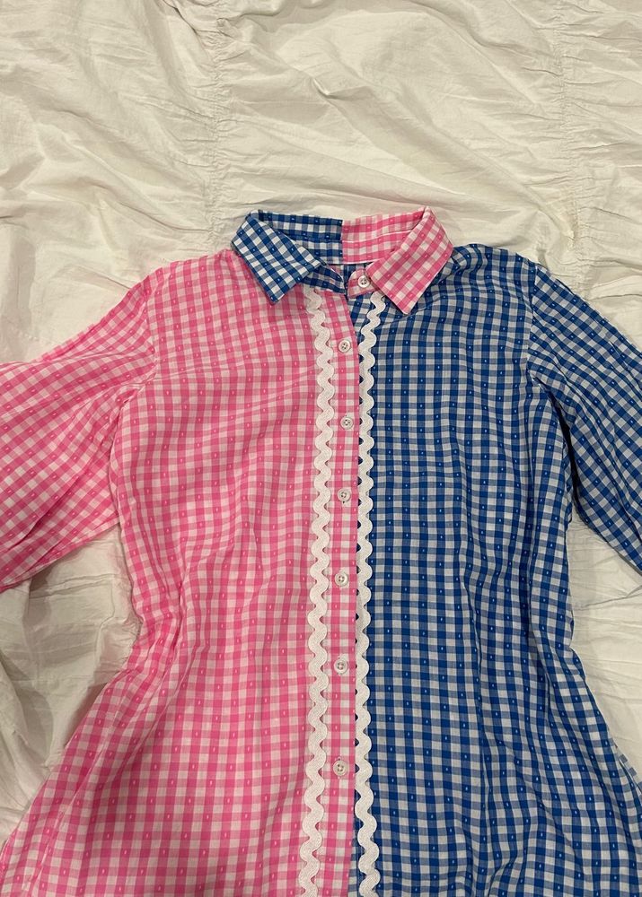 gingham/checked snatched pink and blue shirt