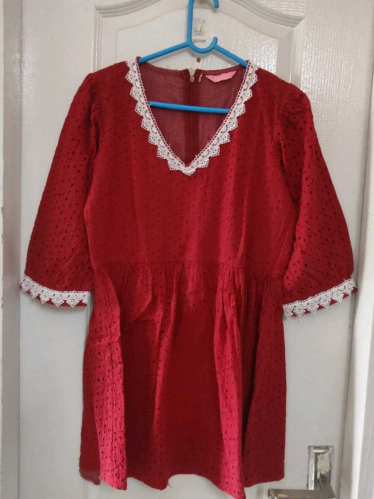 Red Textured Kurta with Lace Trim