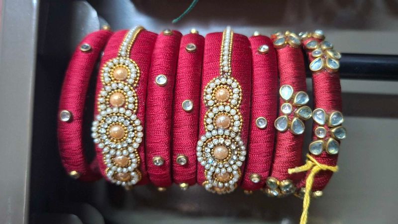 Red Silk Thread Bangles with Embellishments