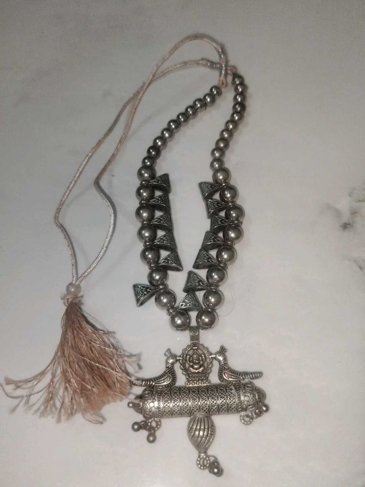 Ethnic Silver Toned Necklace with Tassel