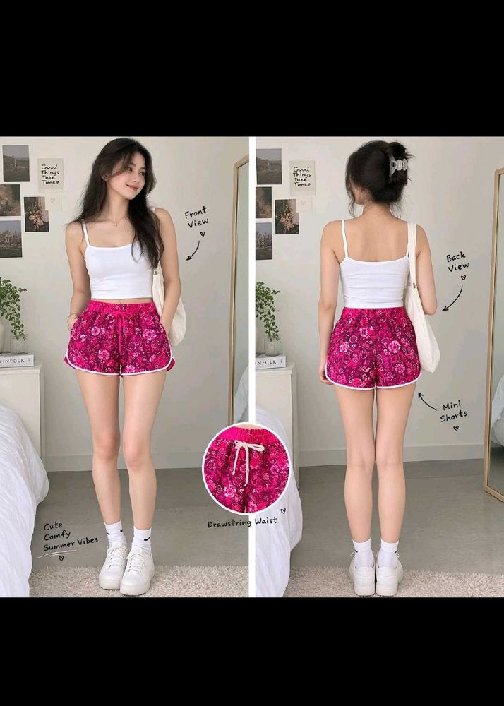 Cute Floral Print Drawstring Shorts