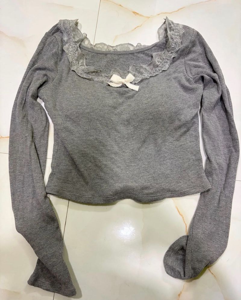 💕🌟Grey ribbed knit long sleeves top and Denim sh