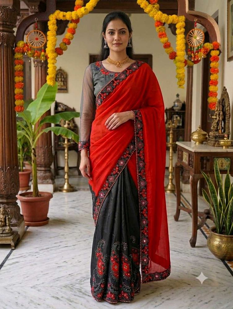 Elegant Red &amp; Black Silk Saree