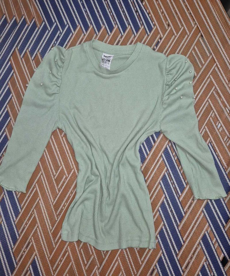 Light Green Ribbed Top with Pearl Details