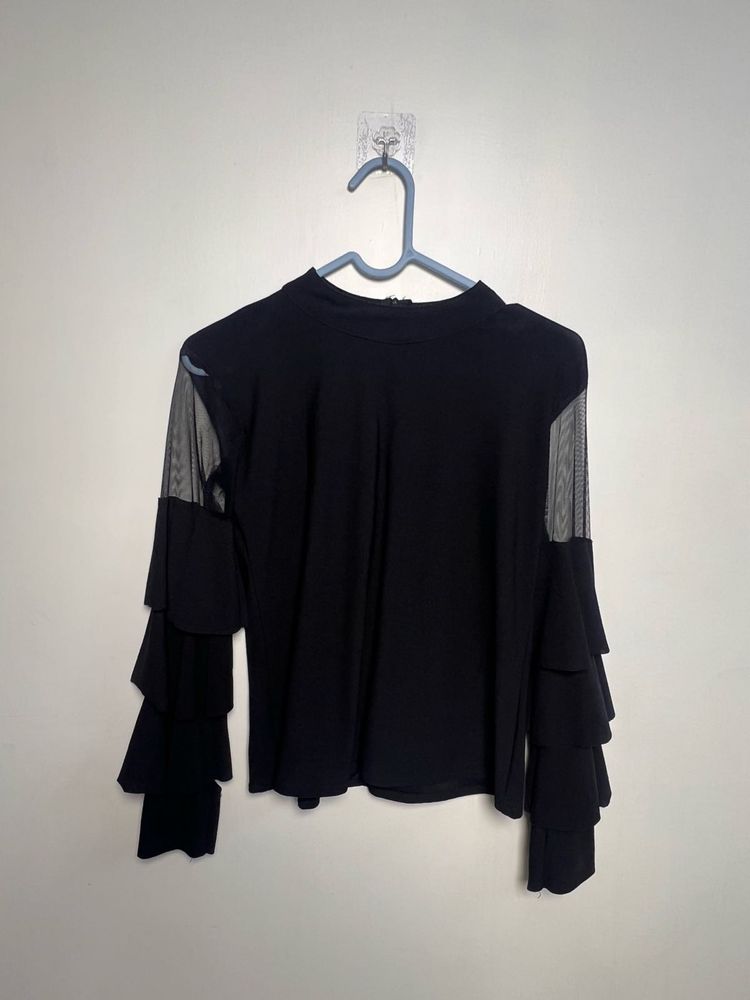 Black Mesh Sleeve Tiered Top
