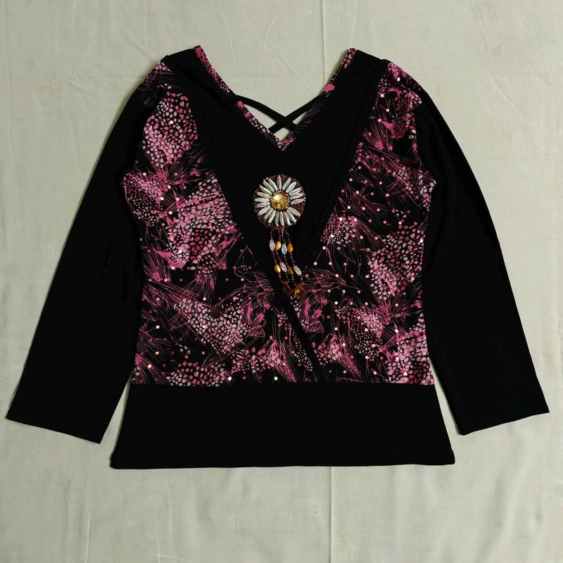 🆕 Stylish Black &amp; Pink Embellished Crop Top