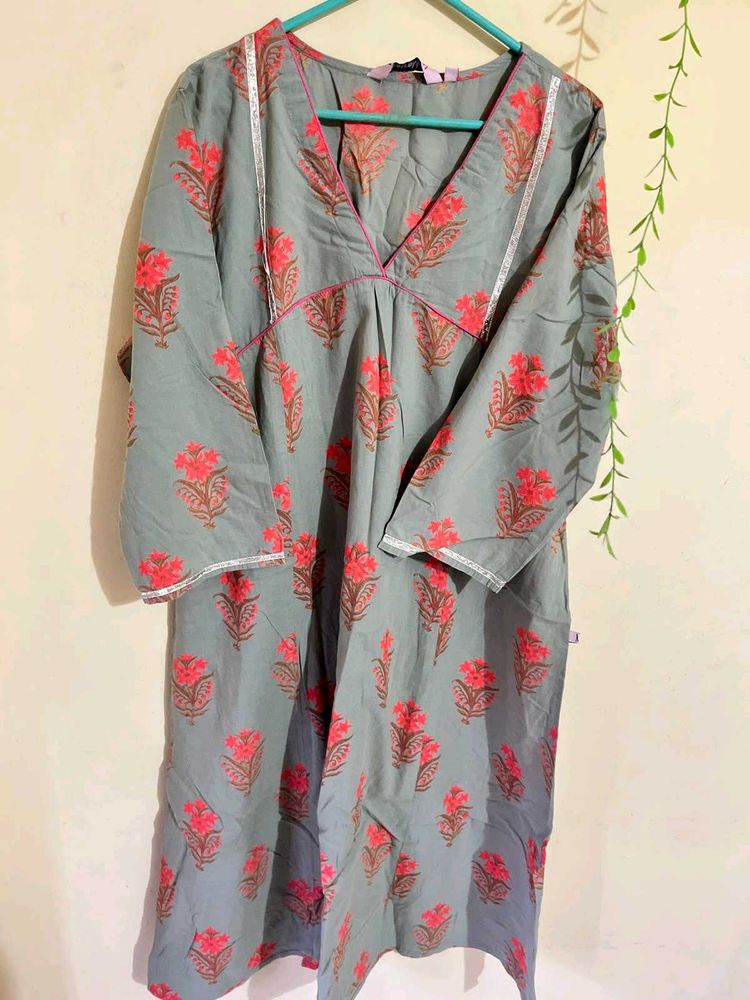 Grey Floral Print Kurta