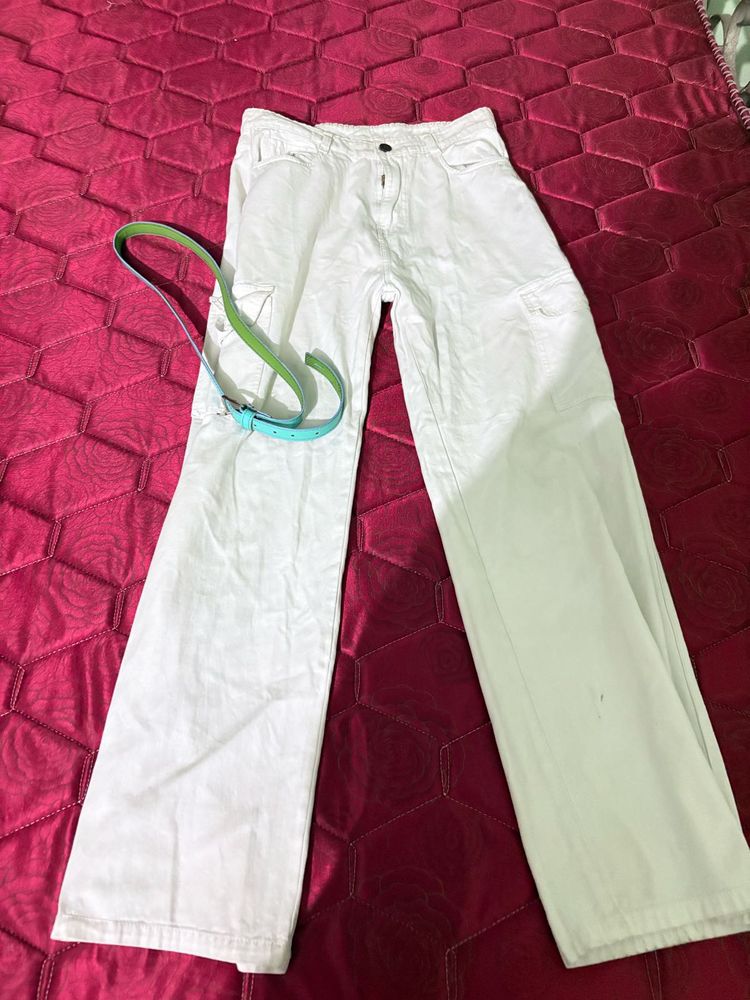 White Cargo Pants with Belt