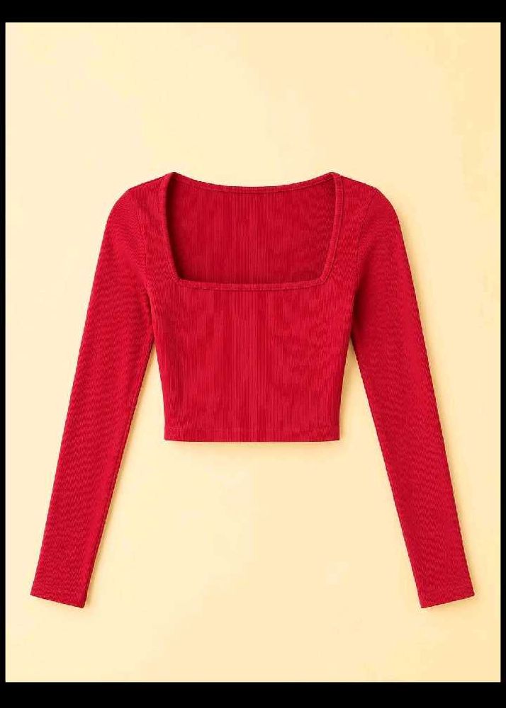 Red Square Neck Long Sleeve Crop Top