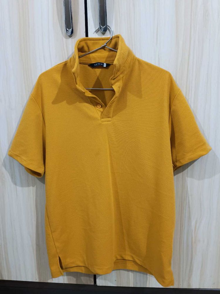 Mustard Yellow Mock Neck T-shirt for Men