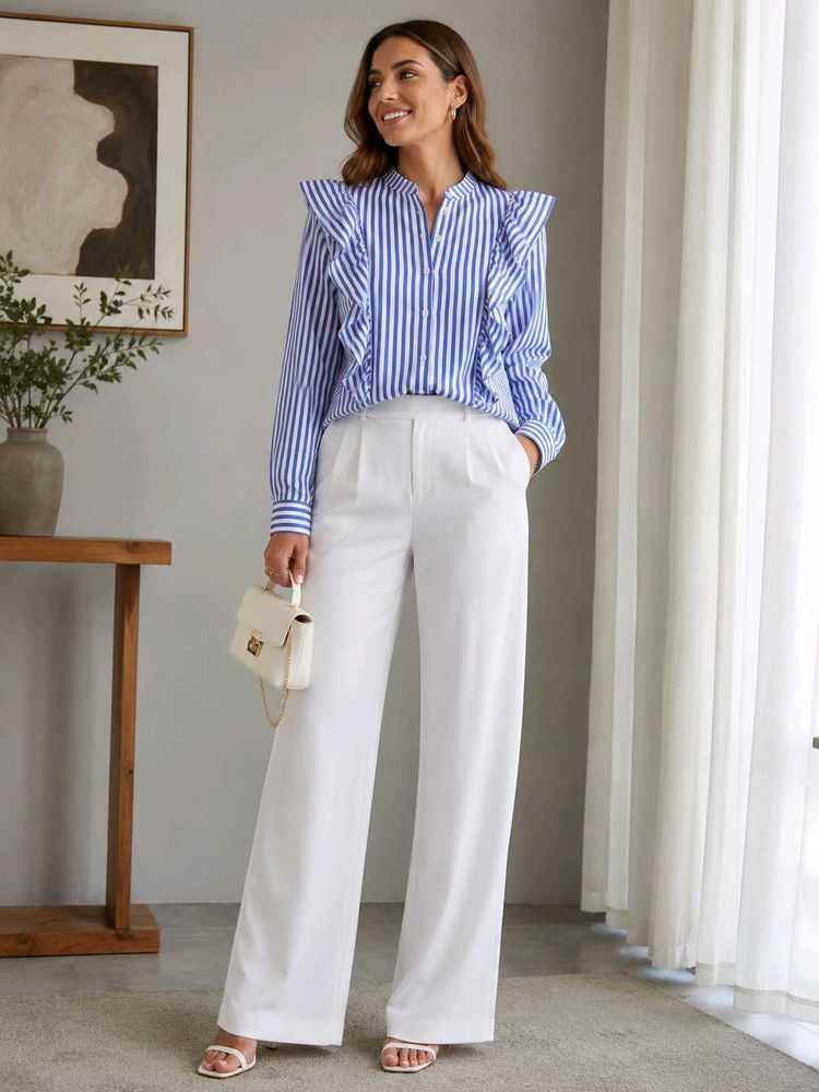 Blue and White Striped Ruffle Shirt