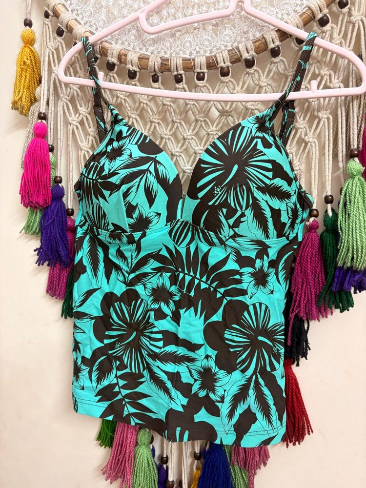 Aqua &amp; Brown Tropical Print Bikini Top