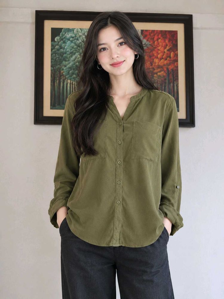 Olive Green Button-Up Casual Shirt